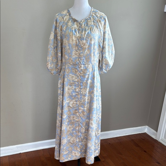 Rebecca Taylor Maxi Floral Print A-Line Scoop Neck Puff Short Sleeve Dress Sz L - Picture 5 of 15